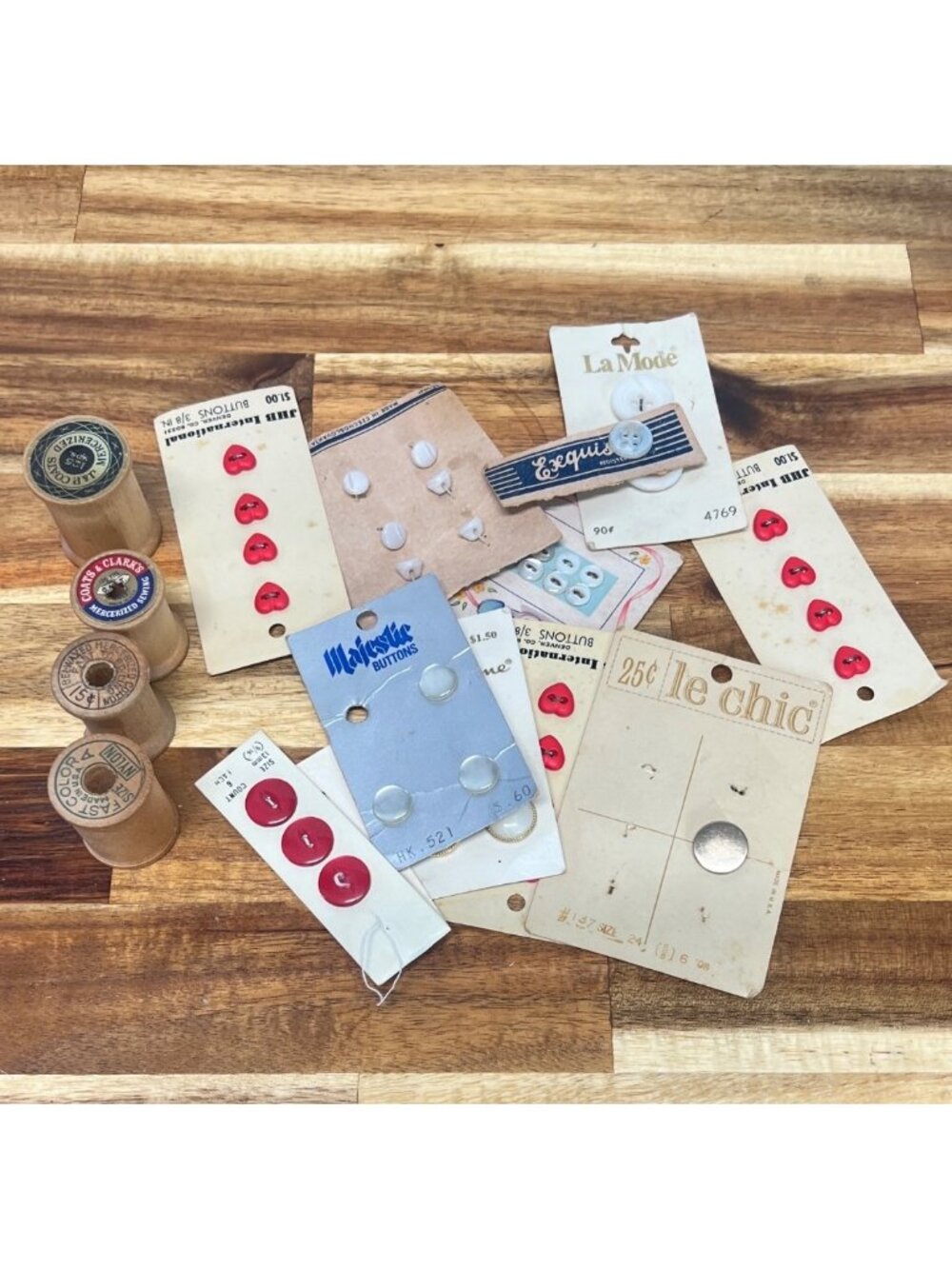 Vintage buttons, wooden thread spools, craft making, up cycle
